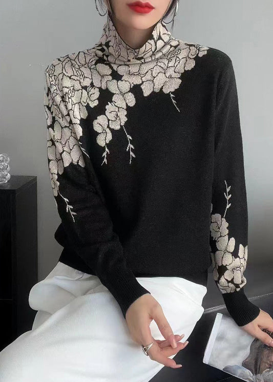 Grey Turtle Neck Print Knit Pullover Spring