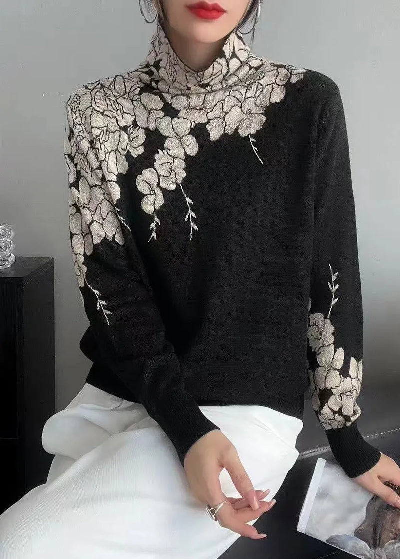 Grey Turtle Neck Print Knit Pullover Spring