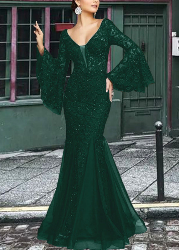 French White Embroidered Lace Fishtail Dresses Flare Sleeve