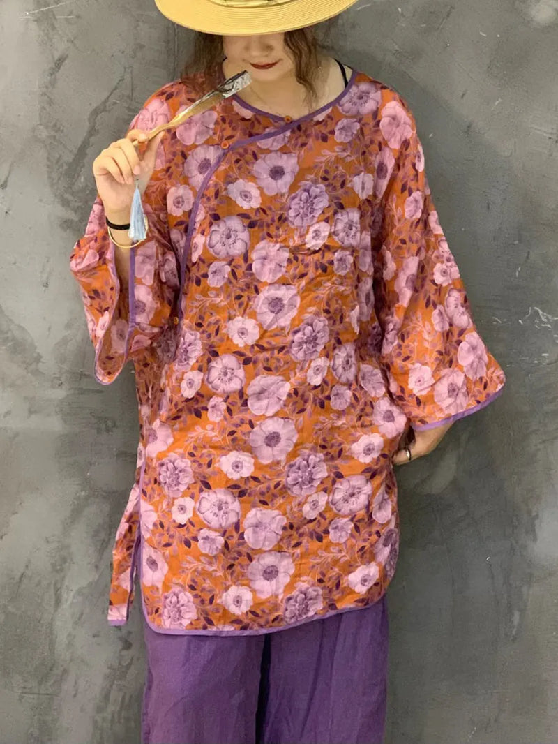 Summer Flower Spliced Long Ramie Shirt