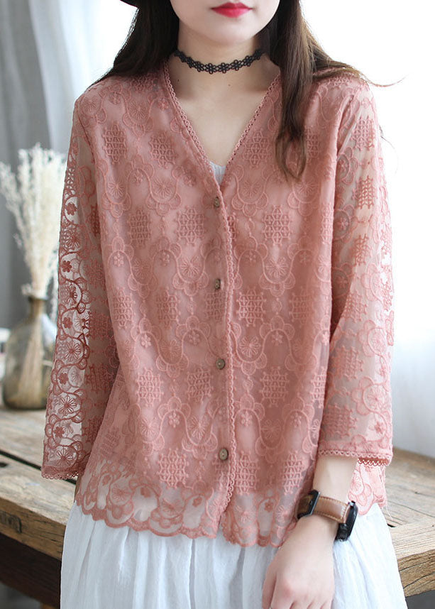 French Pink Embroidered Cotton Loose Cardigans Long Sleeve