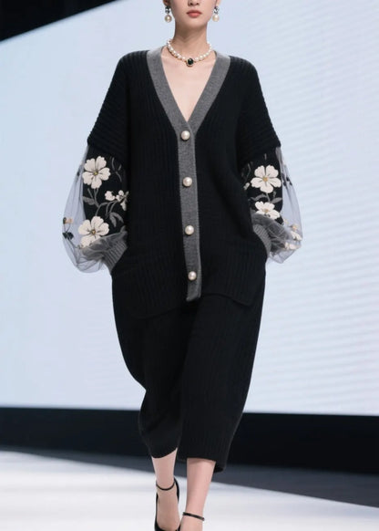 Black V Neck Tulle Patchwork Knit Cardigans Fall