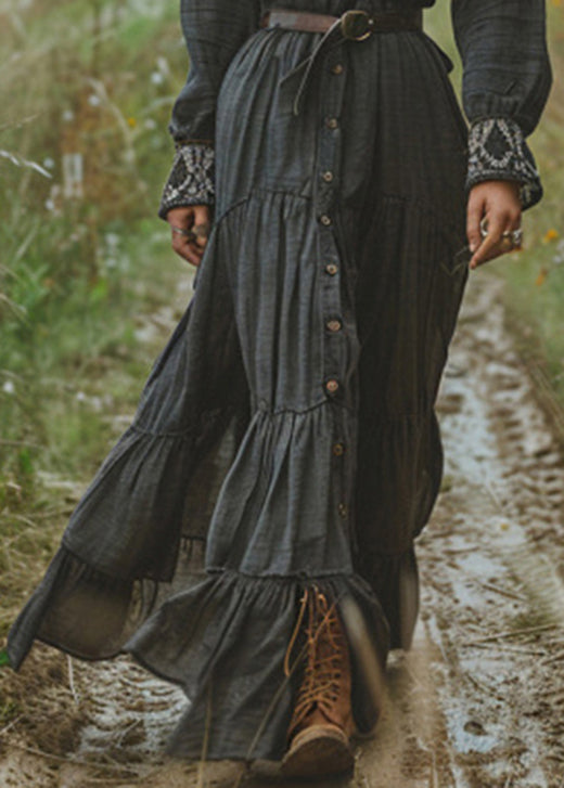 New Black V Neck Button Wrinkled Patchwork Cotton Dress Fall