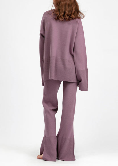 Purple O Neck Side Open Knit Two Pieces Set Flare Sleeve
