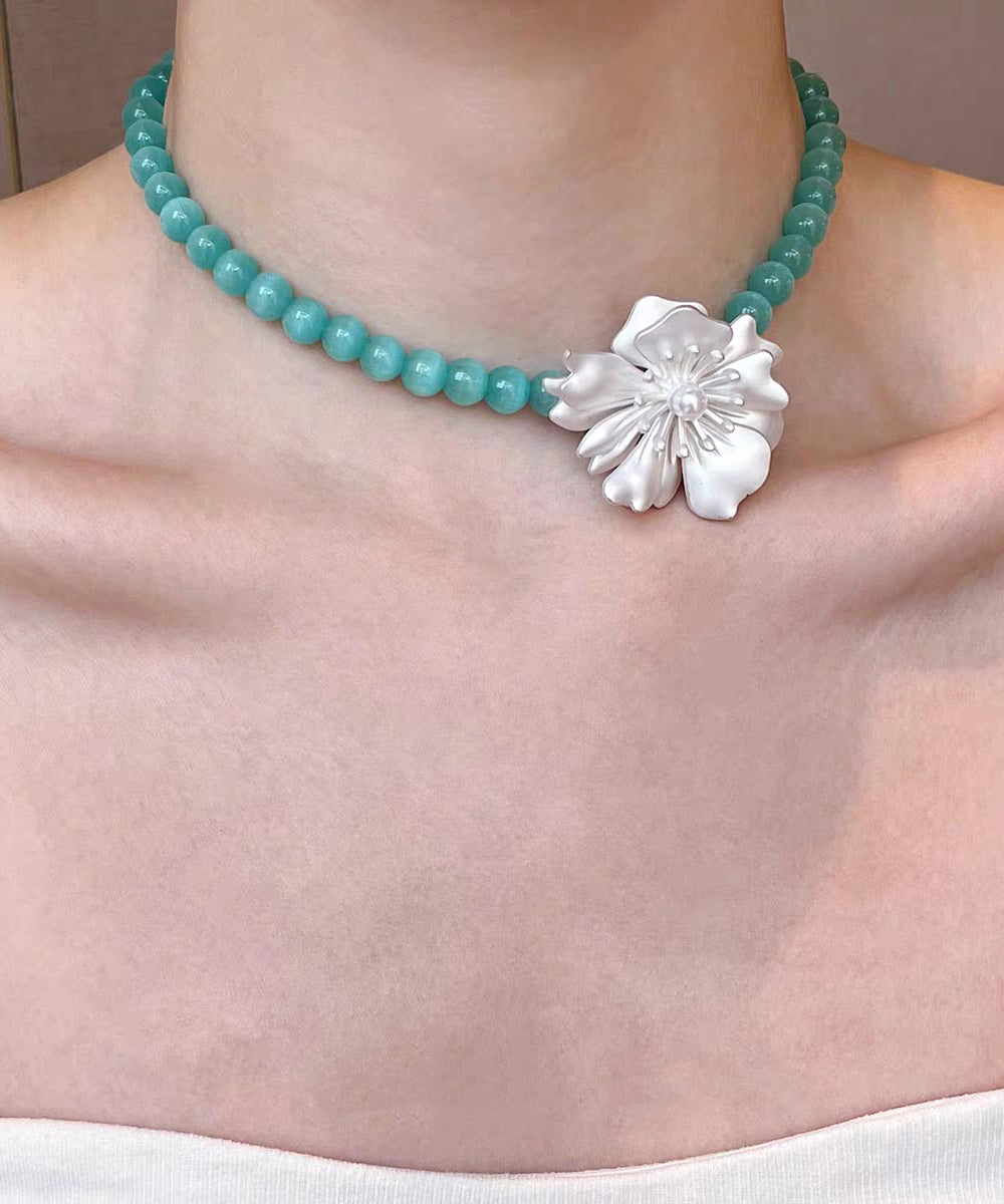 Blue Alloy Amazonite Love Pearl Pendant Necklace Two-piece Set