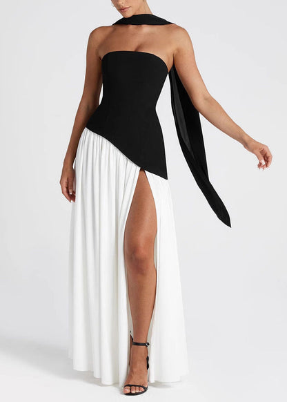 Summer Black White Strapless Slim Fit Slit Off Shoulder Dress
