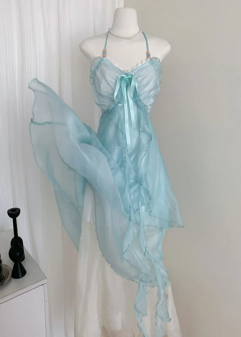 Blue V Neck Ruffled Lace Up Chiffon Long Dresses Sleeveless