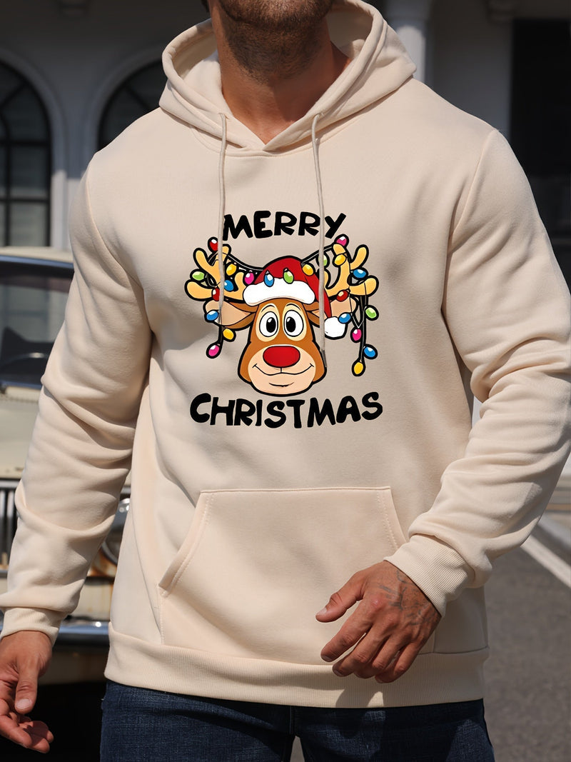 Christmas Hoodie with Reindeer Print Polyester Merry Christmas Design