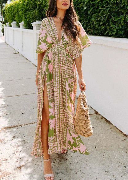 V Neck Print Side Open Chiffon Vacation Dresses Batwing Sleeve