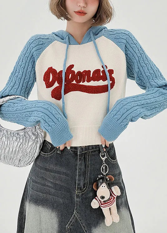 Blue Hooded Patchwork Jacquard Knit Sweatshirts Top Spring