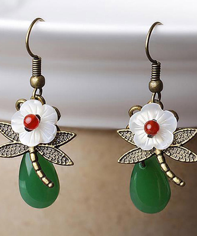 Green Sterling Silver Agate Shell Flower Cloured Glaze Dragonfly Drop Earrings