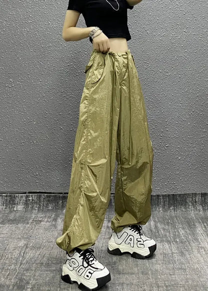 Khaki Pockets Patchwork Drawstring Beam Pants Summer