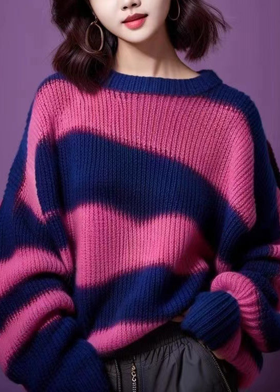 Purple O Neck Thick Patchwork Knit Sweater Winter
