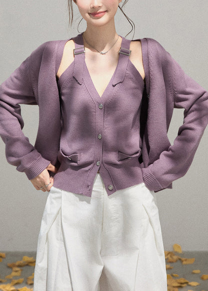 Simple Purple Knit Two Piece Set Clothing Fall