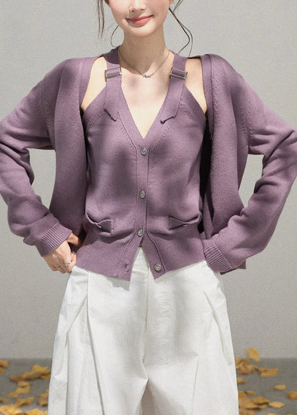 Simple Purple Knit Two Piece Set Clothing Fall