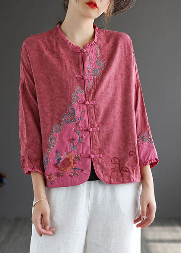 Rose Embroidered Chinese Button Patchwork Cotton Top Spring