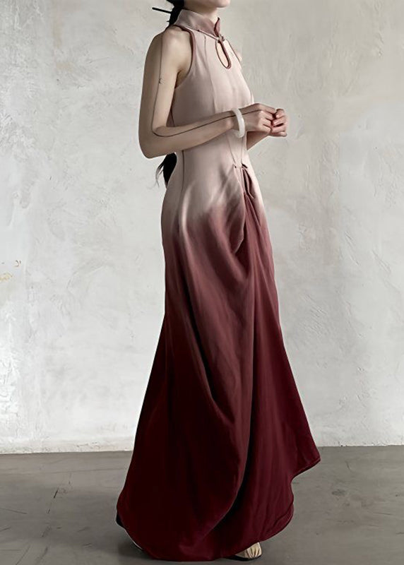 Gradient Color Stand Collar Patchwork Slim Maxi Dress Sleeveless