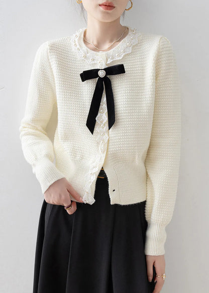 Fine White Bow Nail Bead Knit Loose Coat Winter