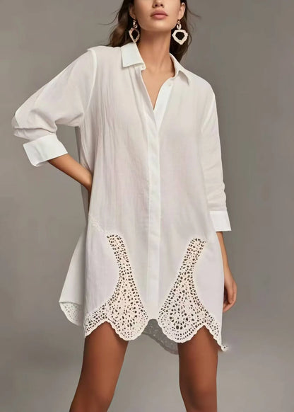 Simple White Peter Pan Collar Patchwork Lace Long Shirts Spring