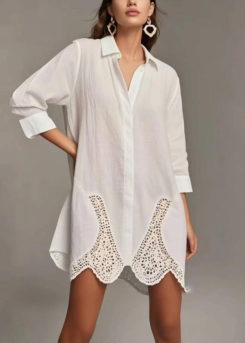 Simple White Peter Pan Collar Patchwork Lace Long Shirts Spring