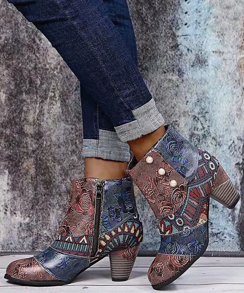 Retro Splicing Chunky Boots Brown Embossed Faux Leather