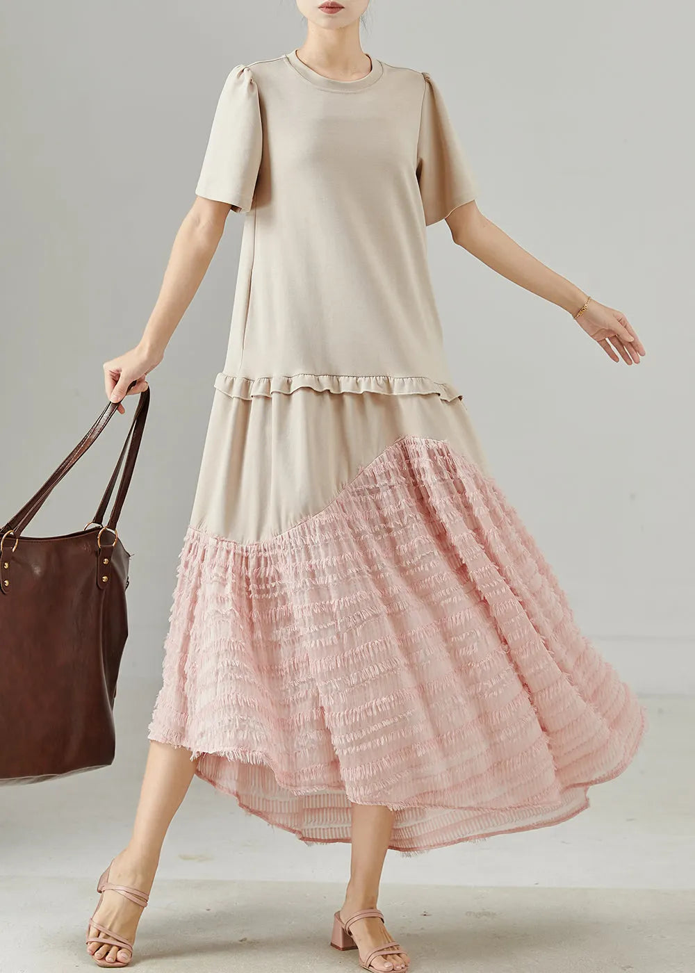 Apricot Ruffled Patchwork Cotton Maxi Dress Summer