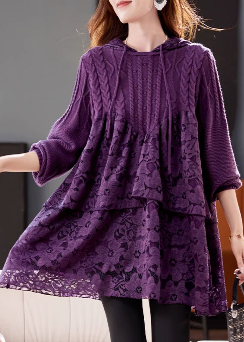 Purple Hooded Lace Patchwork Knit Dresses Winter