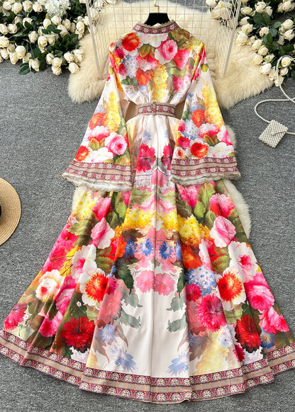 White Cinched Print Cotton Dresses Flare Sleeve