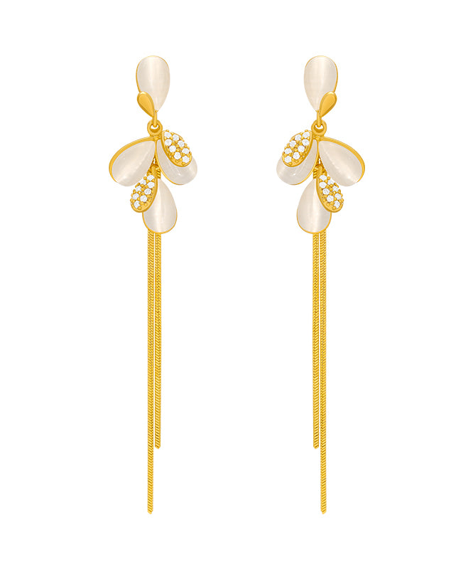Gold Sterling Silver Alloy Cat's Eye Tassel Drop Earrings