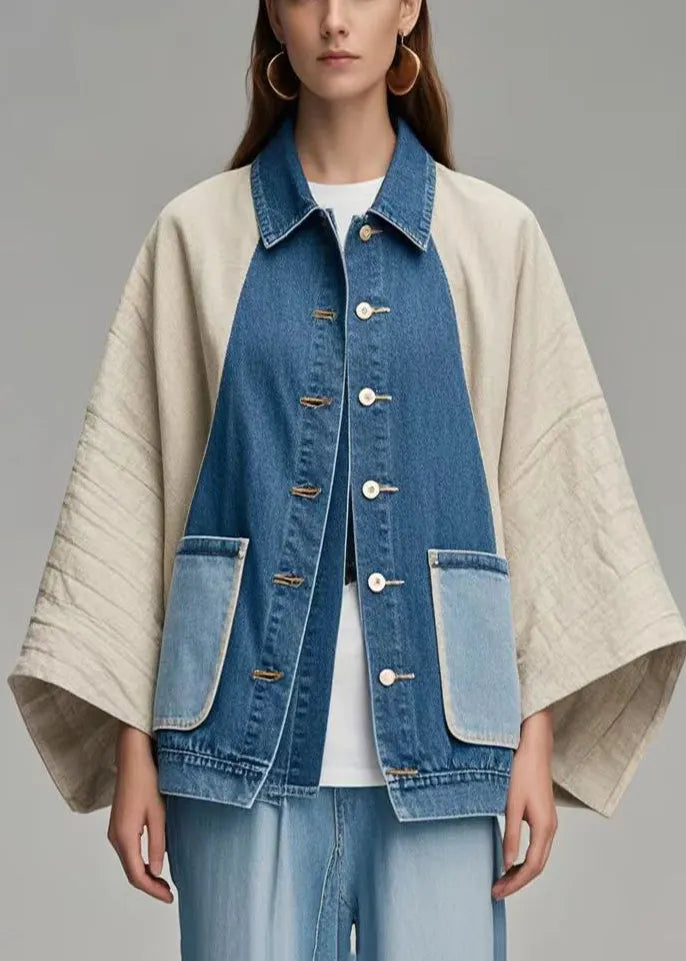 Colorblock Oversized Patchwork Denim Coat Outwear Batwing Sleeve