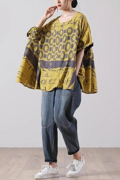 Stitching Print Split O Neck Loose T-shirt