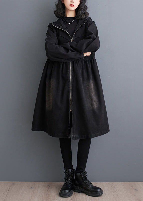 Black Peter Pan Collar Zippered Denim Long Trench Coats Fall