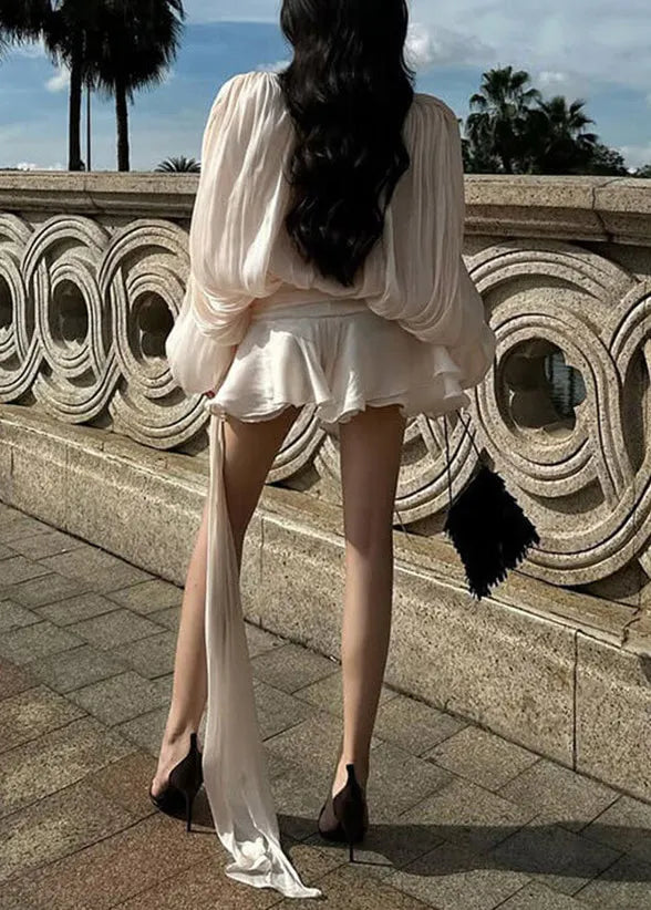 Apricot Wrinkled Lace Up Tulle Mini Dress Spring