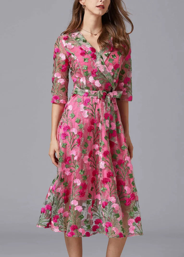 Rose V Neck Embroidered Tie Waist Tulle Mid Dresses Summer