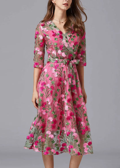 Rose V Neck Embroidered Tie Waist Tulle Mid Dresses Summer