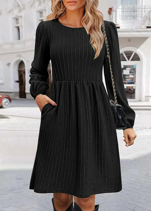 Style Black O Neck Pockets Cotton Mid Dresses Long Sleeve