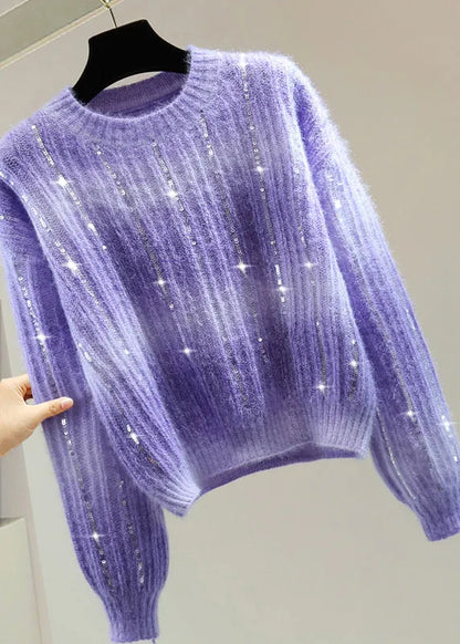 Modern Purple O-neck Sequins Cotton Knit Sweater Winter
