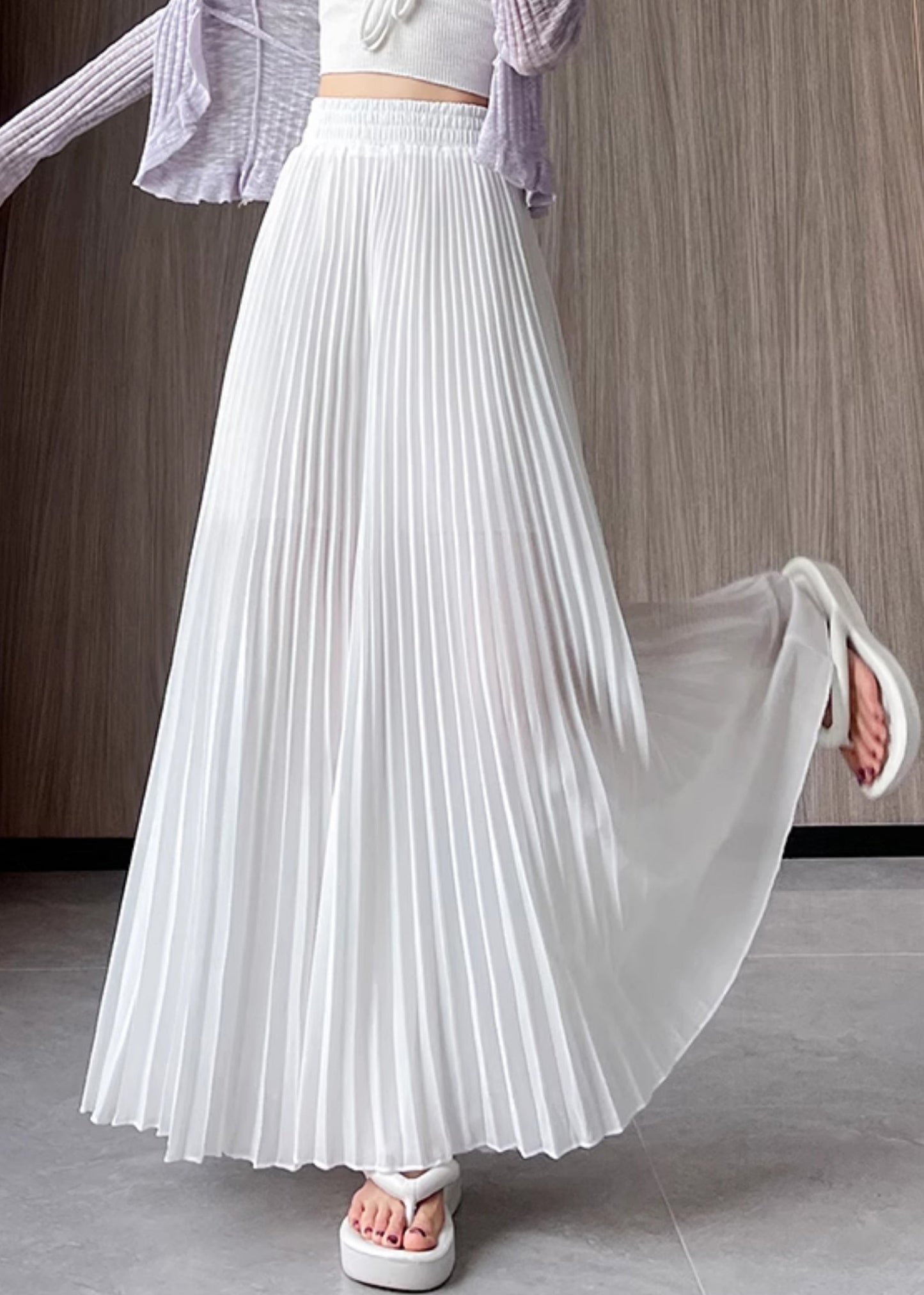 Simple White Wrinkled Elastic Waist Chiffon Pants Summer