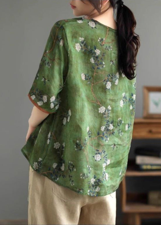 Green Print Ramie T Shirt Summer
