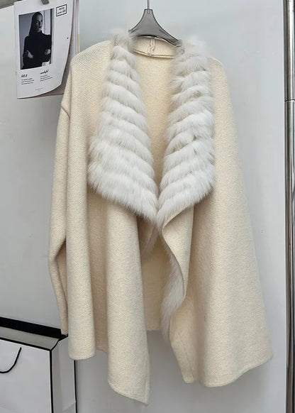 Beige Fox Collar Patchwork Woolen Cardigans Peter Pan Collar
