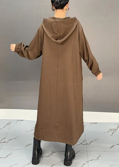 Coffee Patchwork Zippered Hooded Maxi Trench Coat Spring