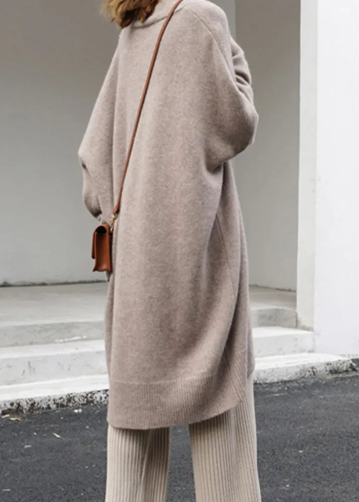 Khaki V Neck Oversized Knit Sweater Dress Spring