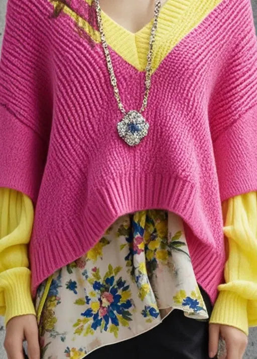 Pink Asymmetrical Patchwork Print Short Sweater Fall