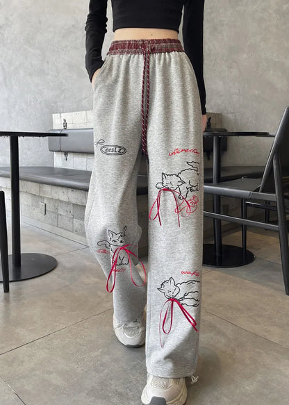 Grey Pockets Print Elastic Waist Cotton Pants Fall