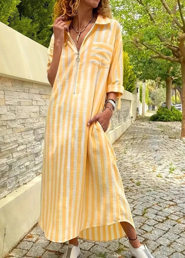 Grey Peter Pan Collar Striped Cotton Dresses Fall
