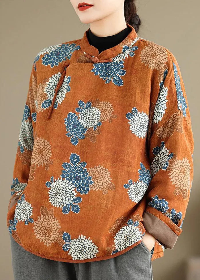 Orange Stand Collar Print Fine Cotton Filled Top Spring