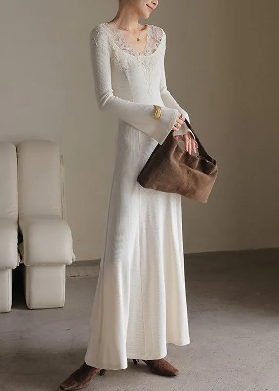 Fine Oatmeal O-neck Lace Patchwork Cotton Knit Long Sweater Dress Spring