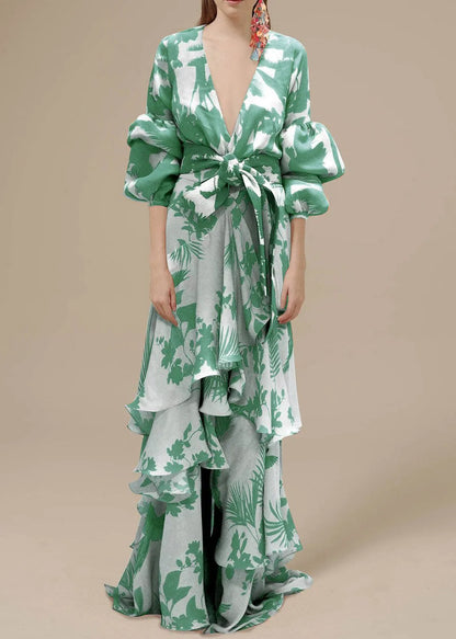 Orange V Neck Asymmetrical Designprint Chiffon Dress Spring
