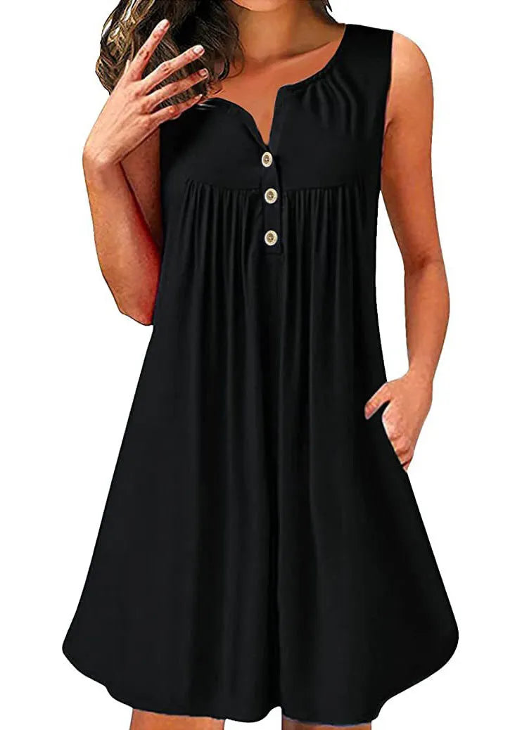 Red V Neck Wrinkled Cotton Mid Dress Sleeveless