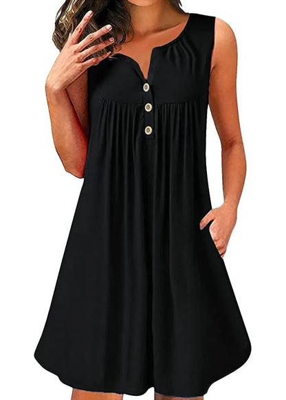Red V Neck Wrinkled Cotton Mid Dress Sleeveless